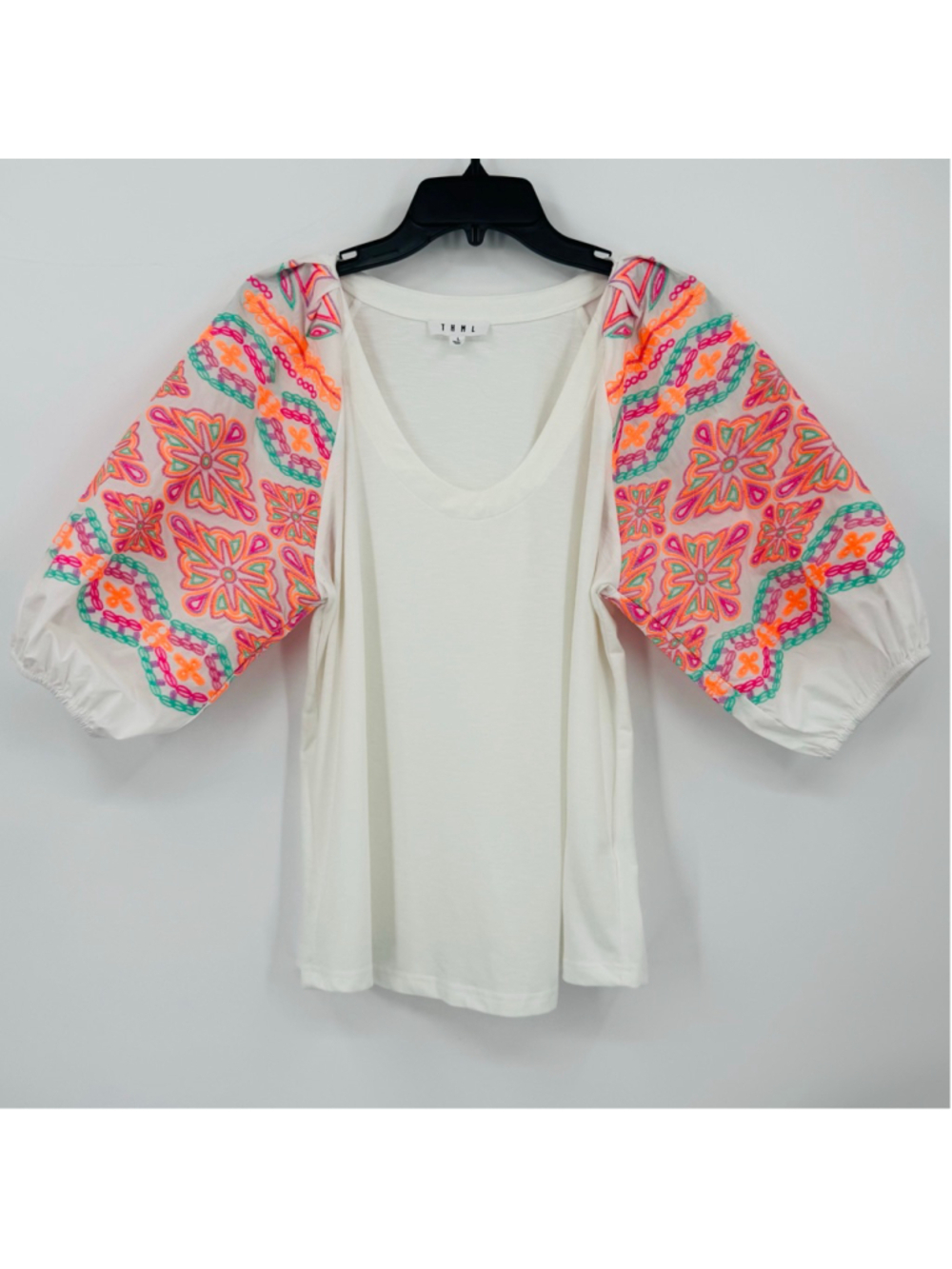 THML White Short Sleeve Tee with Neon Embroidered Puff Sleeves L